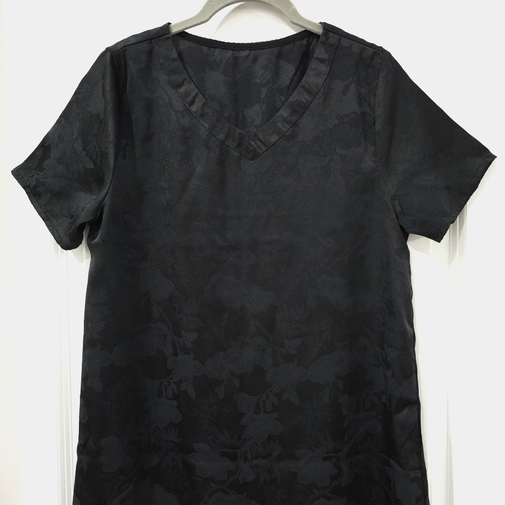 Black Asian Mulberry Silk Spandex V-Neck Short Sleeve Shift Dress, Small Medium - Picture 4 of 13